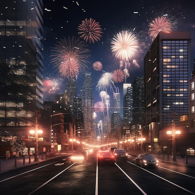 Foto foto 3d dei fuochi d'artificio di capodanno in città