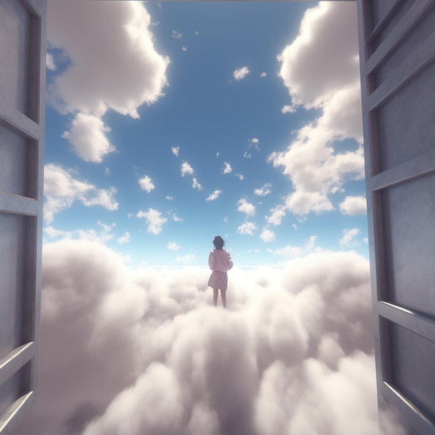 Фото 3d-рендеринг фотографии девушки, прячущейся в открытом небе