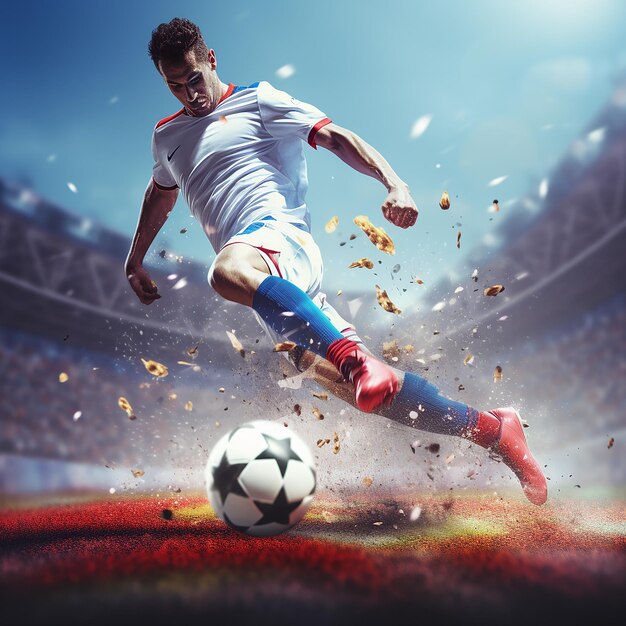 Фото 3d-рендеринг фото спортсмена, играющего в футбол