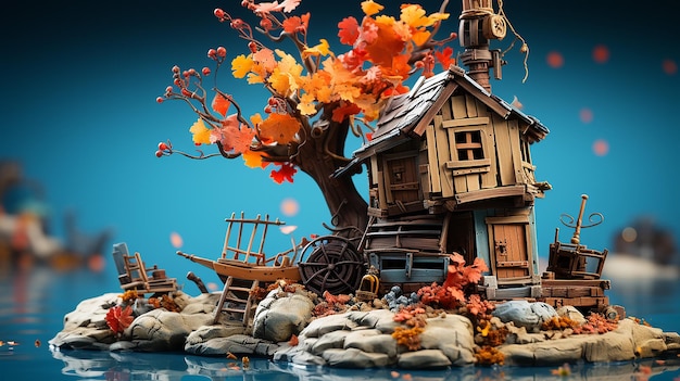 Photo 3d rendered photo of a old type hut and autumn art design