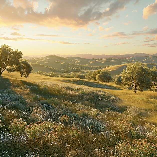 Photo 3d rendered photo of a peaceful countryside with rolling hills golden hour light