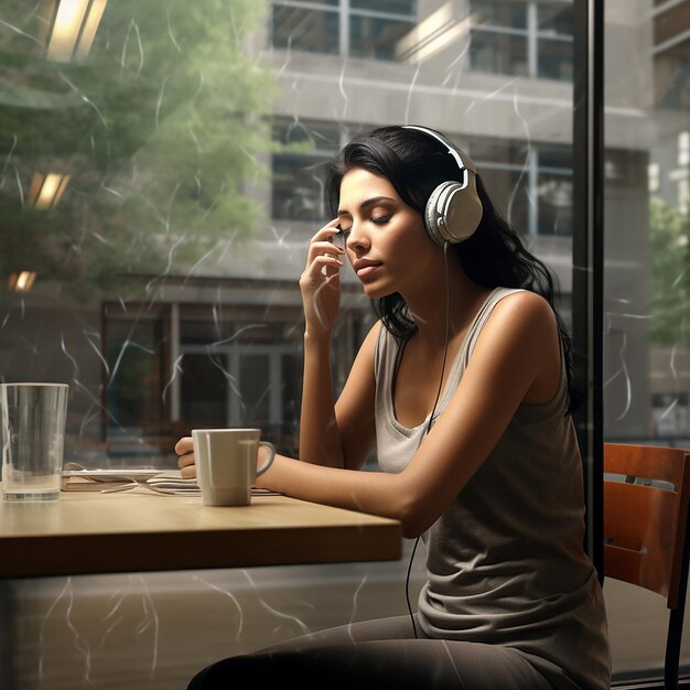 Photo 3d rendered photo of photo of a 24 year girl sitting in a coffee shop near glass wall watching