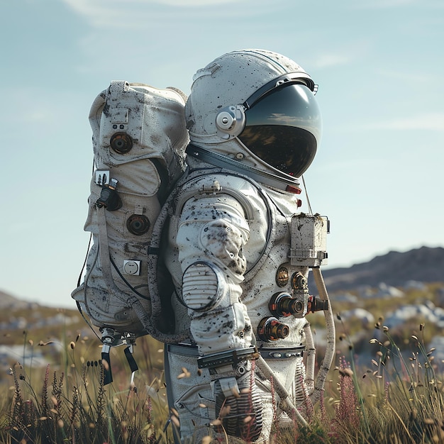 3d rendered photo of Portrait of astronaut in space suit doing common activity outdoors