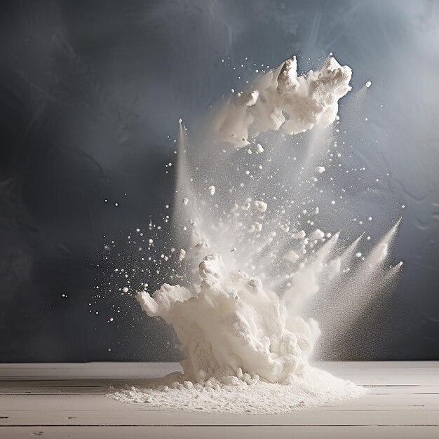 3d rendered photo of powder is flying in the air near a wall