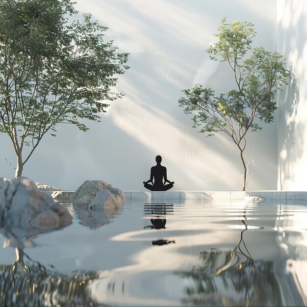 Photo 3d rendered photo of a statue in a lotus position sits in a lake with trees in the background