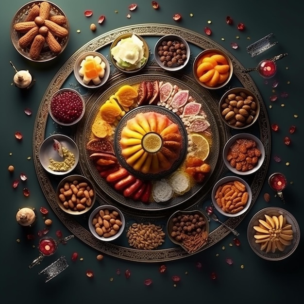 Photo 3d rendered photo of top view eid alfitr celebration with delicious food