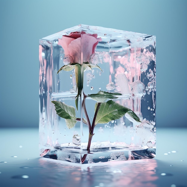 Foto foto renderizzata 3d della vista del cubetto di ghiaccio con fiore