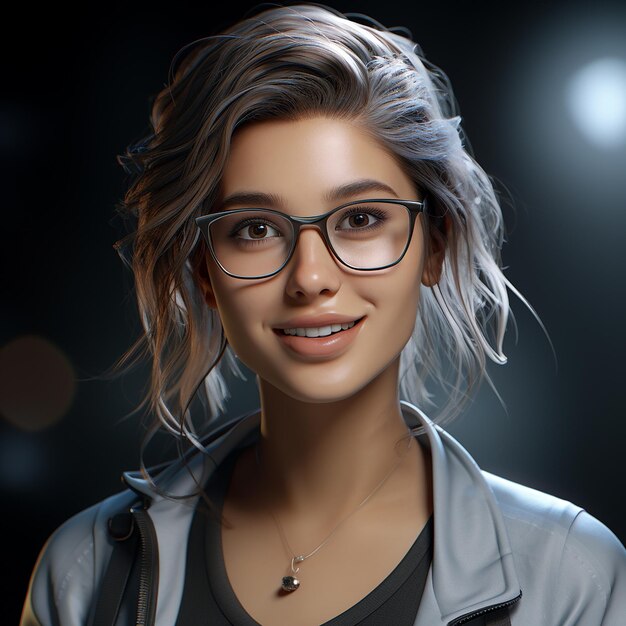 Photo 3d rendered photo of a woman wearing glasses smiles at the camera