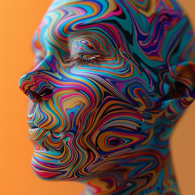 3d rendered photo of a woman with multicolored face and multicolored lines on her face