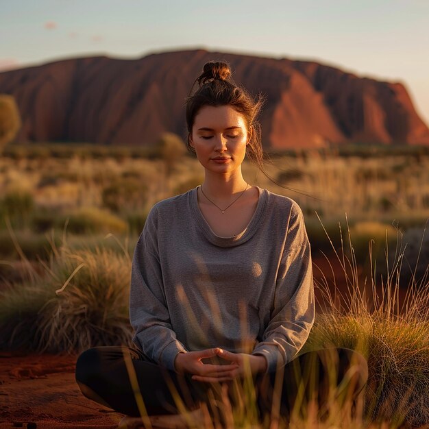 Foto foto renderizzata in 3d di una donna con i capelli legati che medita ad uluru