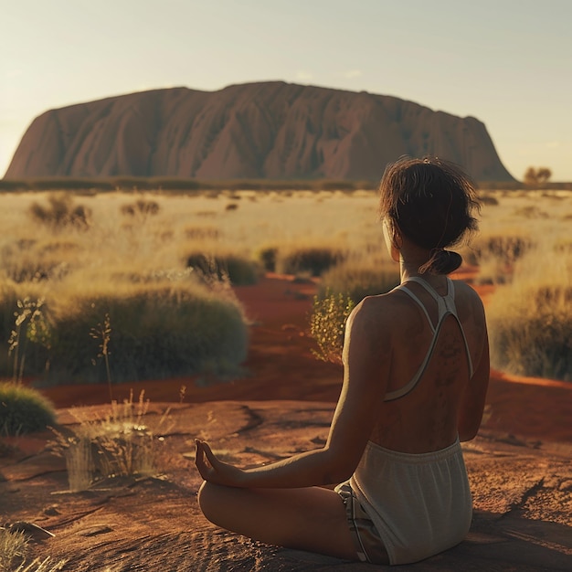 Photo 3d rendered photo of a a woman with tiedup hair meditating at uluru