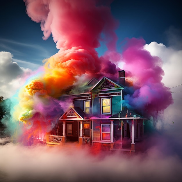 Photo 3d rendered photorealistic colorful smoke on house