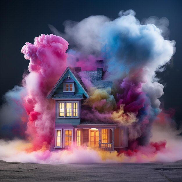 Photo 3d rendered photorealistic colorful smoke on house