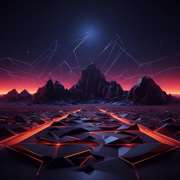 3D рендеринговые фотографии абстрактного неонового фона геометрической формы ночного пейзажа с холмами и скалами