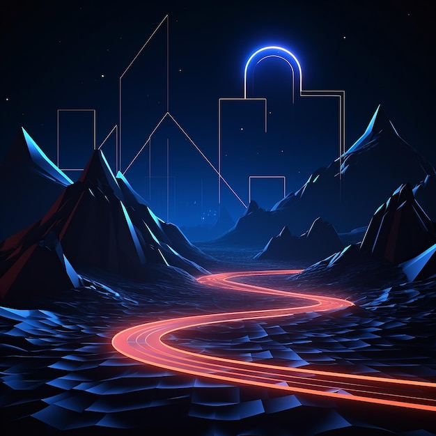 Photo 3d rendered photos of abstract neon background geometric shape night landscape with hills and rocks