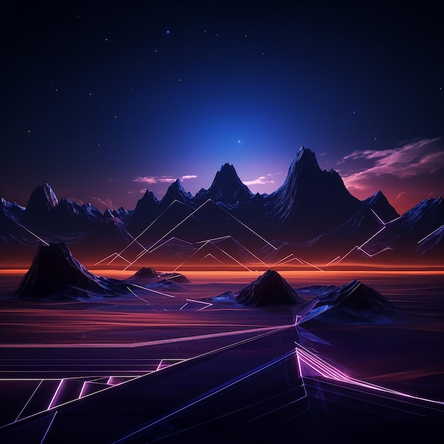 3d rendered photos of abstract neon background geometric shape night landscape with hills and rocks