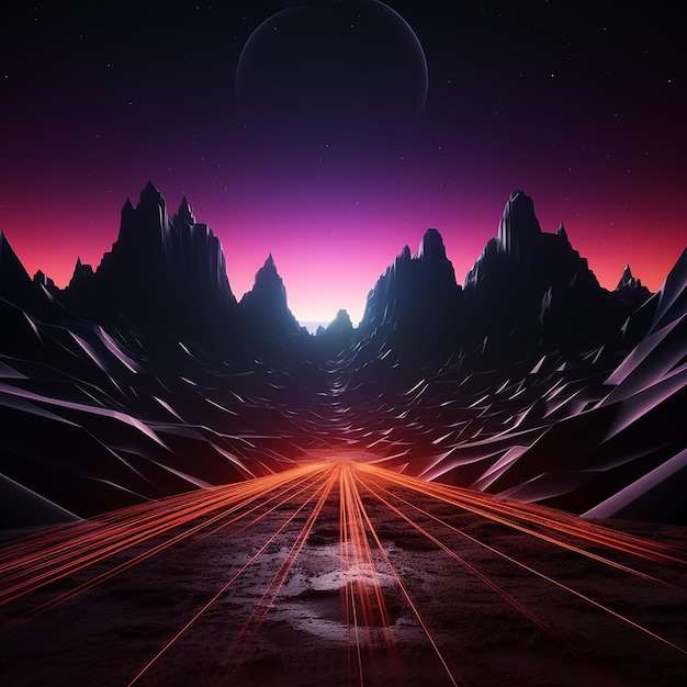3d rendered photos of abstract neon background geometric shape night landscape with hills and rocks