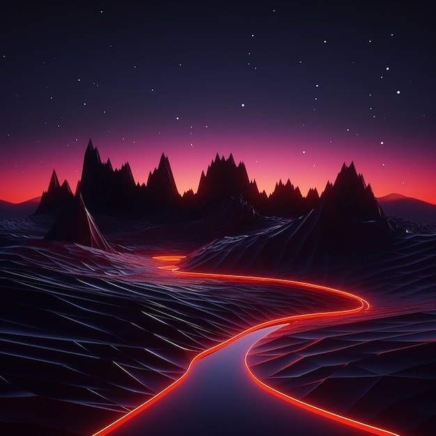 3d rendered photos of abstract neon background geometric shape night landscape with hills and rocks