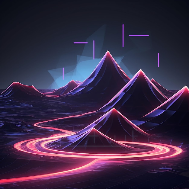 3d rendered photos of abstract neon background geometric shape night landscape with hills and rocks