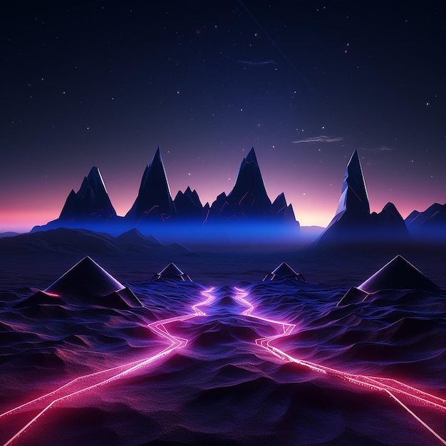 3d rendered photos of abstratct neon background of geometric shape night landscape with hills and ro