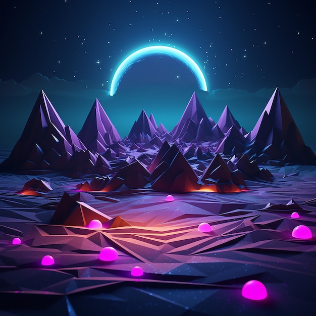 3d rendered photos of abstratct neon background of geometric shape night landscape with hills and ro