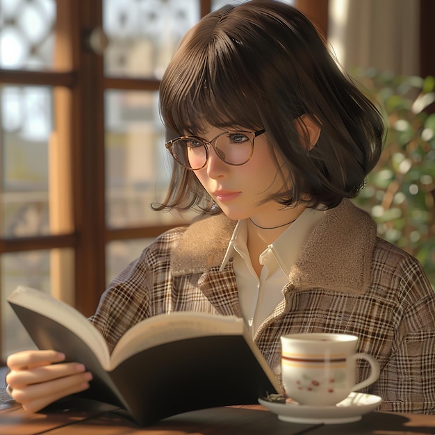 Foto foto renderizzate in 3d di anime carina ragazza di 20 anni con gli occhiali che legge un libro con una tazza di tè