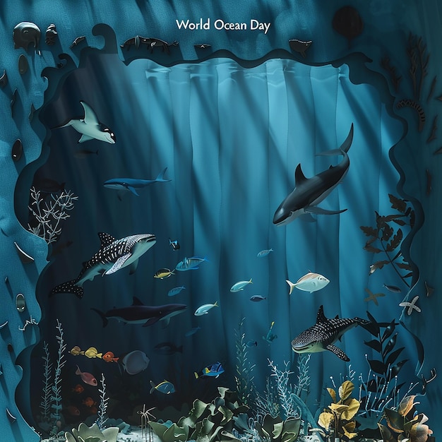 3d rendered photos of aquatic biota silhouettes with sun rays falling in water world ocean day