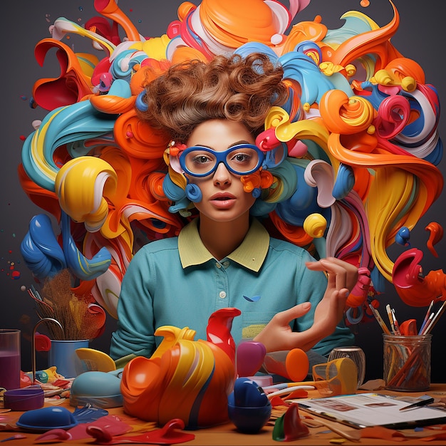 Photo 3d rendered photos of artist making art with vibrant colors