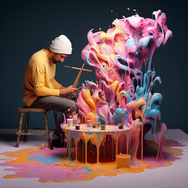 Photo 3d rendered photos of artist making art with vibrant colors