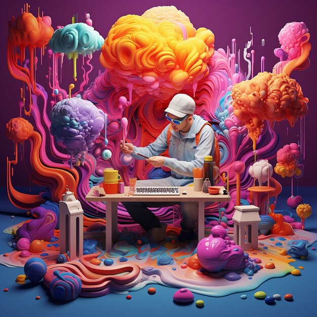 Photo 3d rendered photos of artist making art with vibrant colors