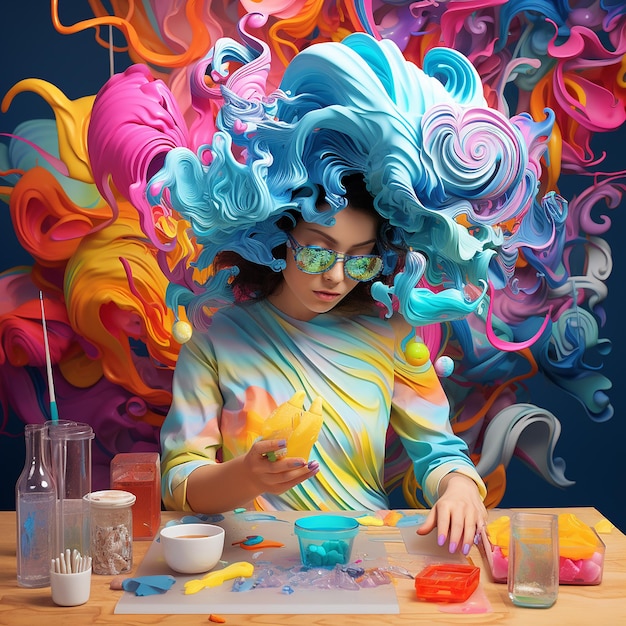 3d rendered photos of artist making art with vibrant colors