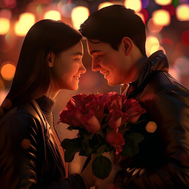 Photo 3d rendered photos of a beautiful couple boy proposing his girl with rose bouquet