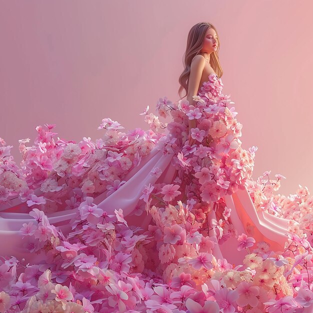 3D rendered photos of a beautiful woman wears dress made of flowers macro photo solid background