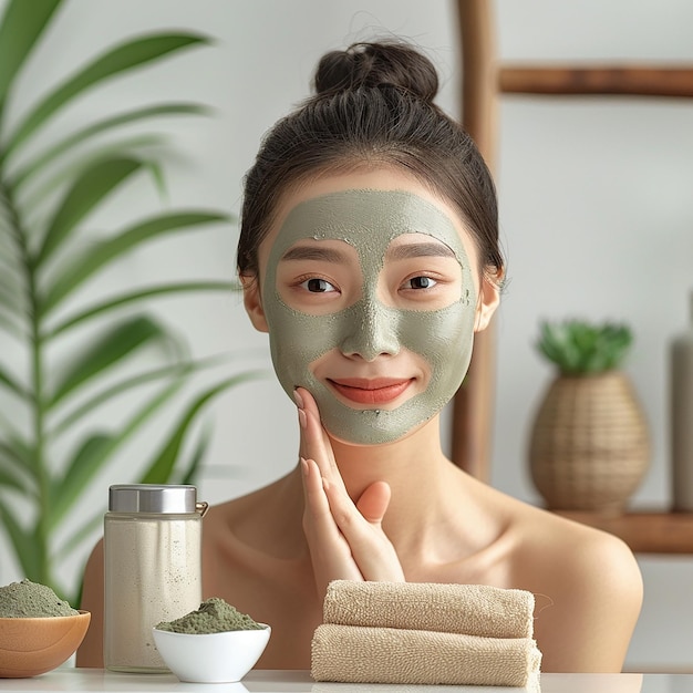 3d rendered photos of a beautiful woman with DIY mask on her face spa flat layer space for text