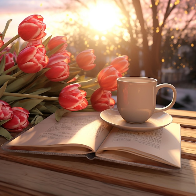 Foto foto 3d del libro con tulipani rossi e tè con sfondo estetico