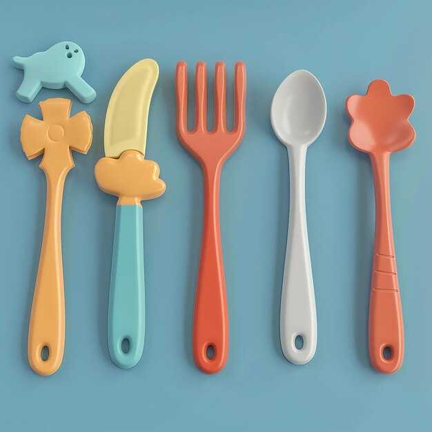 3d rendered photos of cartoon cutlery of different cartoon shapes on handle low poly