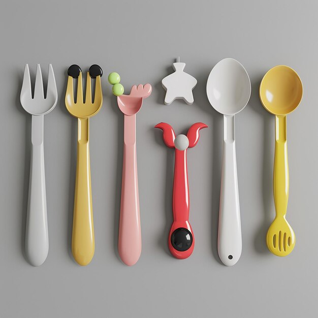 3d rendered photos of cartoon cutlery of different cartoon shapes on handle low poly