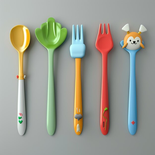 3d rendered photos of cartoon cutlery of different cartoon shapes on handle low poly