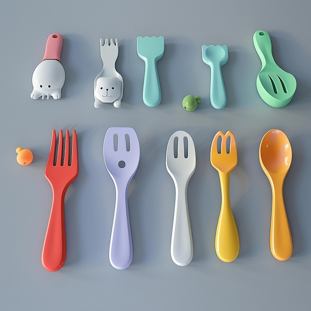 3d rendered photos of cartoon cutlery of different cartoon shapes on handle low poly