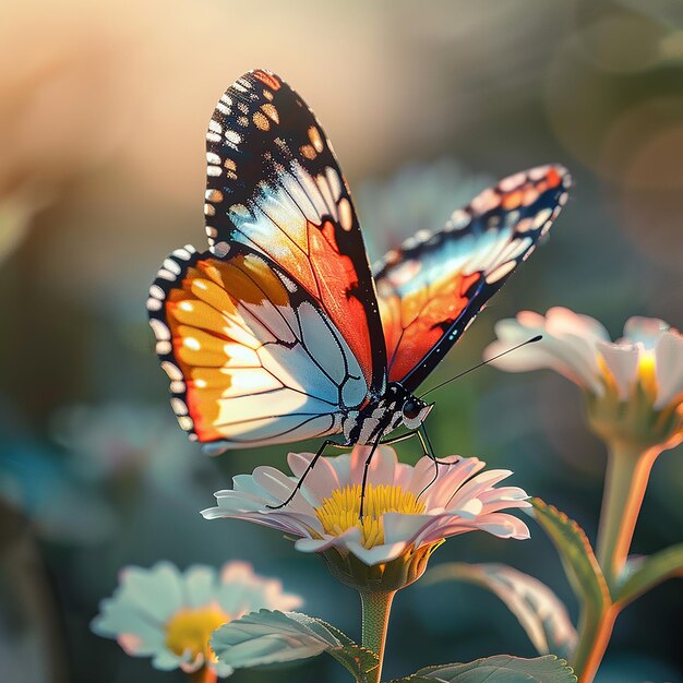 꽃 위에 있는 다채로운 나비의 3D 렌더링 사진 (Nikon D850 105mm f18 영화)
