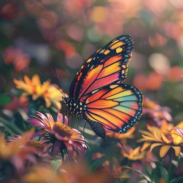 꽃 위에 있는 다채로운 나비의 3D 렌더링 사진 (Nikon D850 105mm f18 영화)