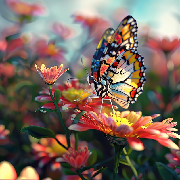 3D-рендеринговые фотографии красочной бабочки на цветке близкого обзора Nikon D850 105mm f 18 кинематографический
