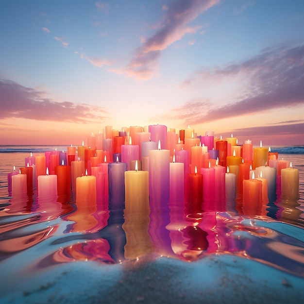 3d rendered photos of colorful candles on beach