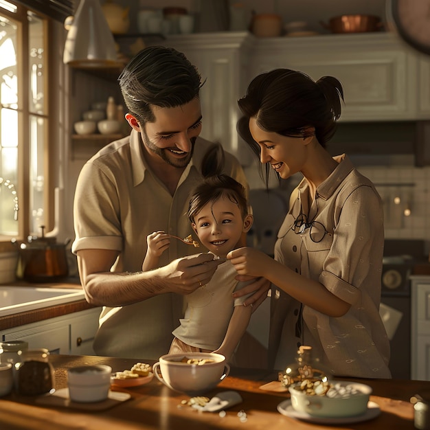 Photo 3d rendered photos of couple feeding their happy toddler cereal close up shot soothing background