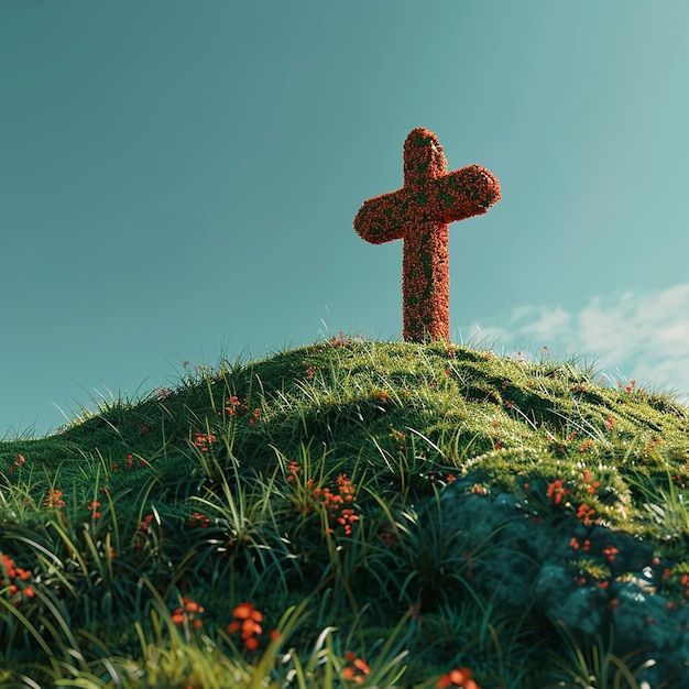 3d rendered photos of a cross with orange details under a hill with green grass background is a blue