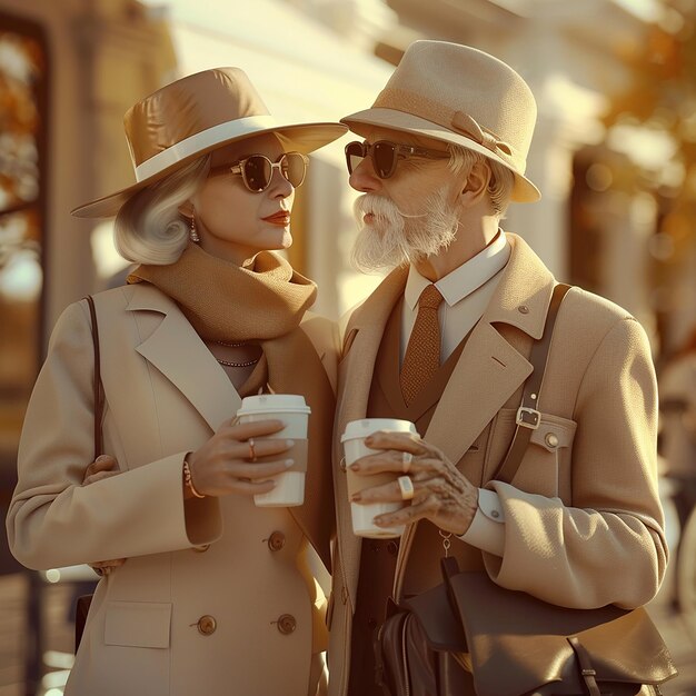 Photo 3d rendered photos of a cute old couple in love drinking coffee on the street beige color