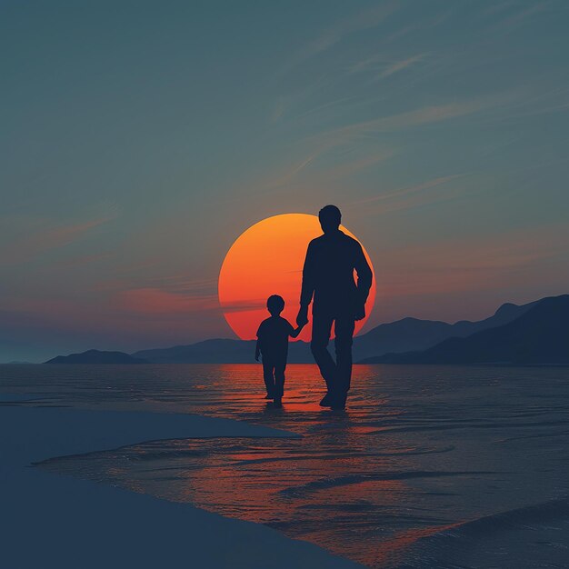 Photo 3d rendered photos of a father and a little child silhouette walking together