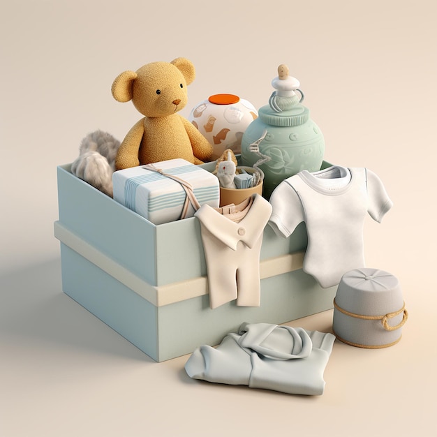3D-фотографии подарочной корзины с гендерно нейтральной детской одеждой и аксессуарами с уходом за новорожденными