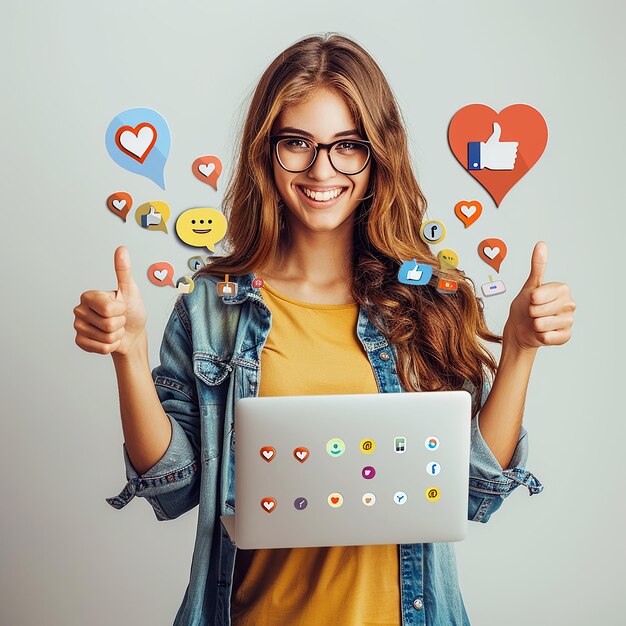 3d rendered photos of girl holding laptop thumb up pose icon of likes and thumb up plain background