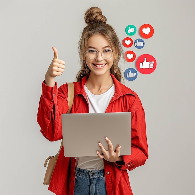 3d rendered photos of girl holding laptop thumb up pose icon of likes and thumb up plain background